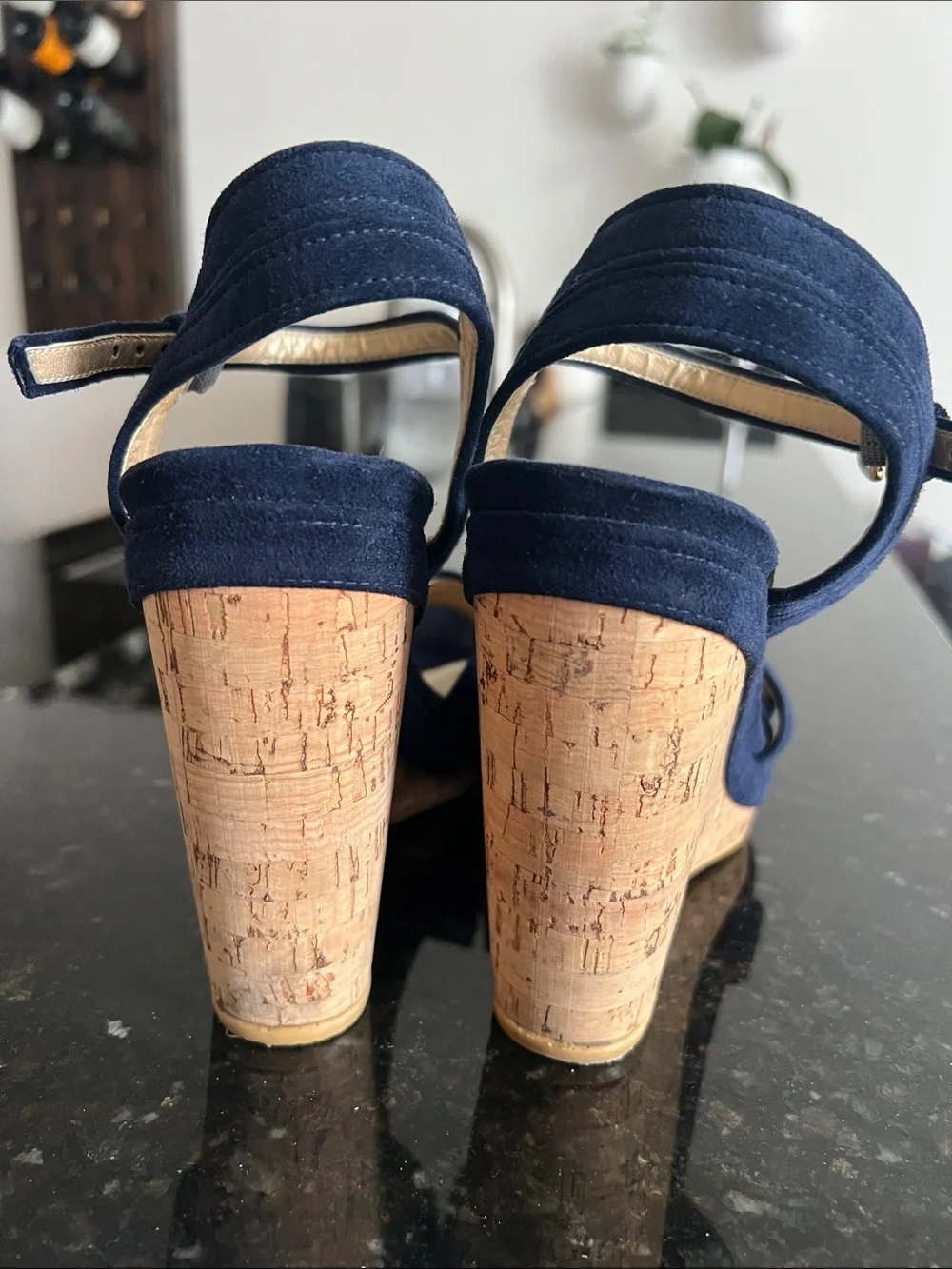 Stuart Weitzman Navy Suede Platform Heels with Ankle Strap